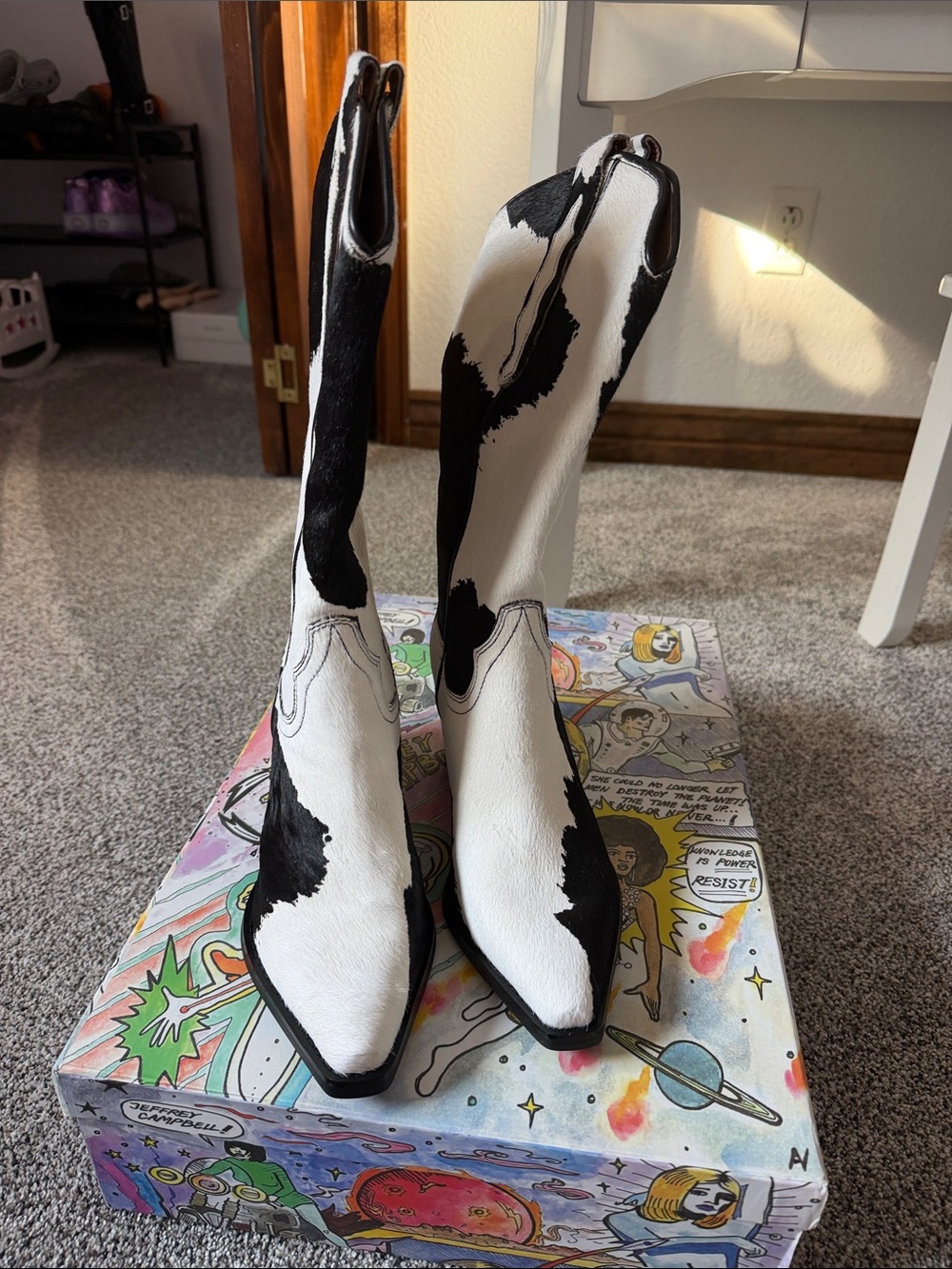 Jeffrey Campbell Black and White Cowprint Western Knee-High Boots